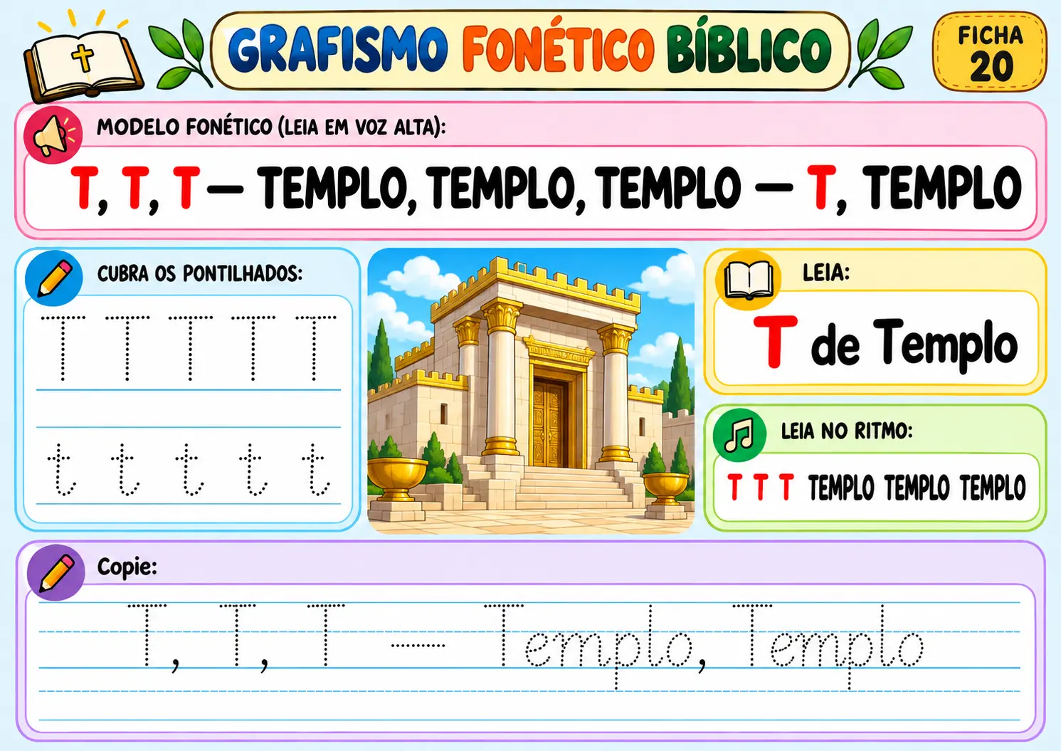Grafismo fonético bíblico ficha 20 — letra T de Templo: traçar a letra e a palavra, com ilustração do templo de Salomão
