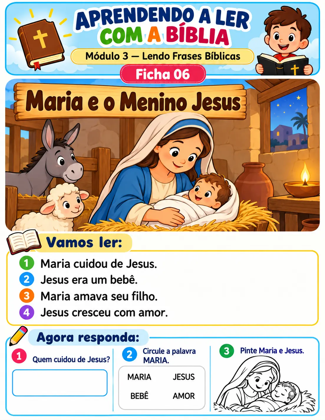 Ficha 06 — Maria e o Menino Jesus: ilustração, frases para ler e atividades