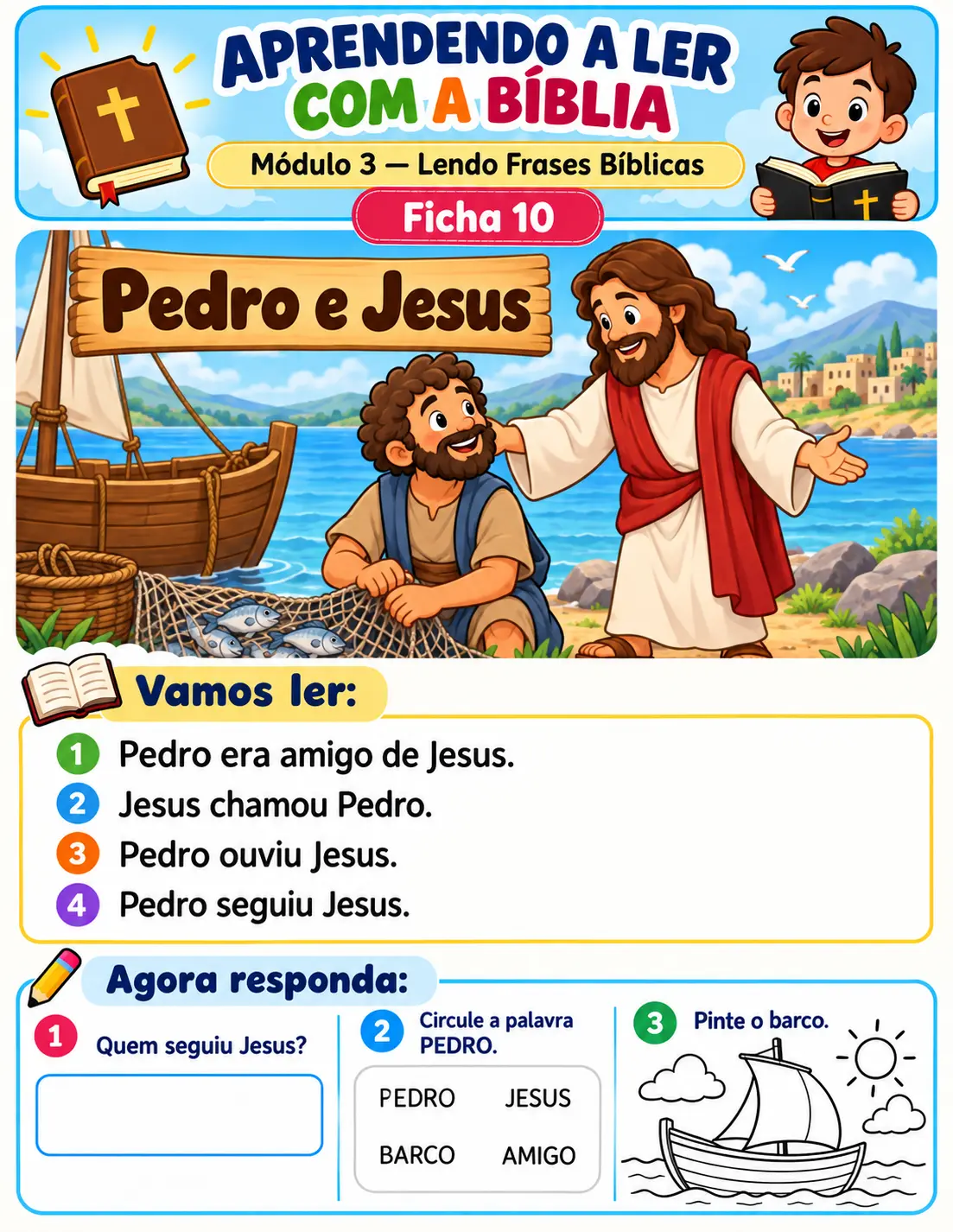 Ficha 10 — Pedro e Jesus: ilustração, frases para ler e atividades