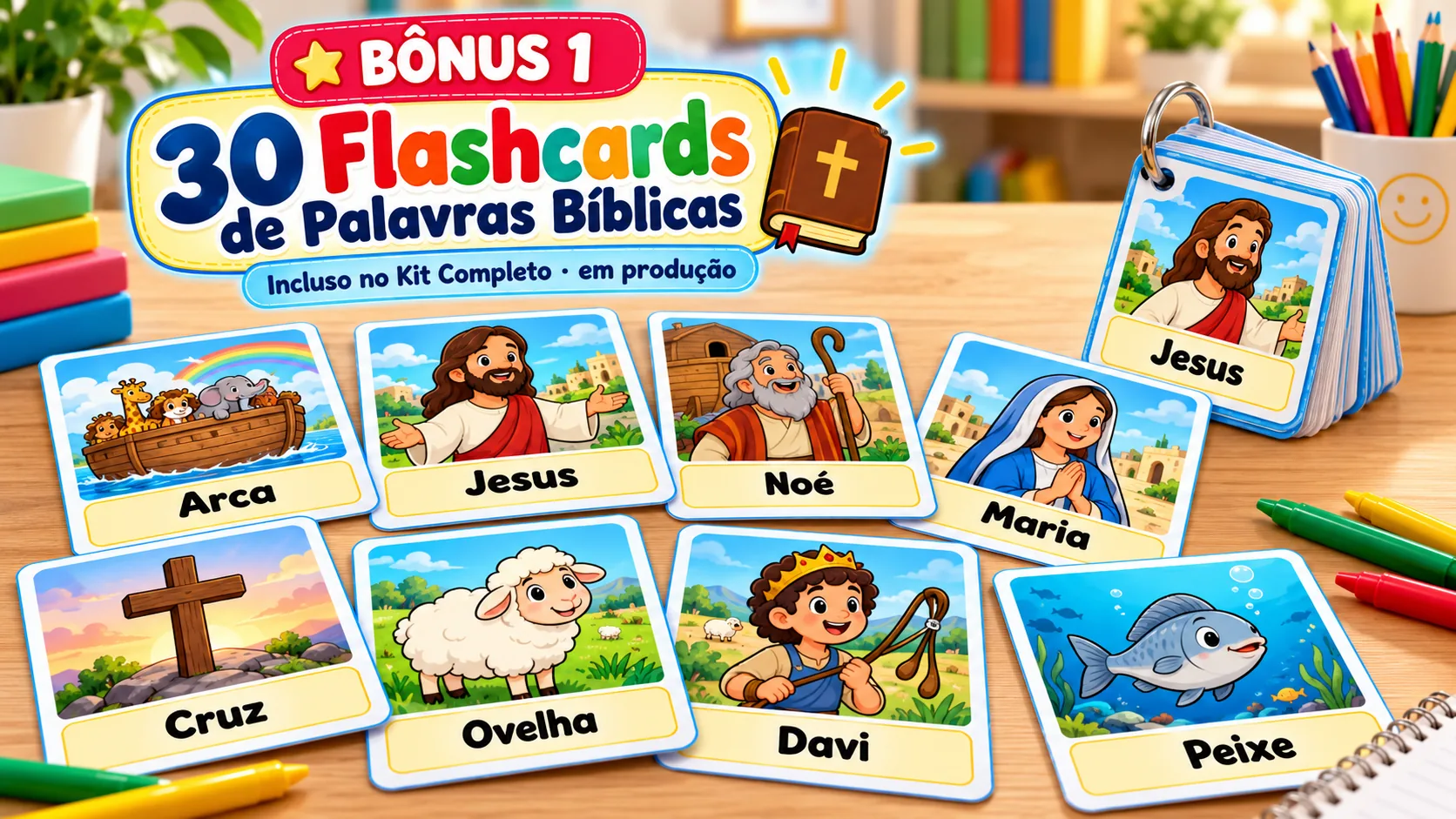 Mockup dos 30 flashcards de palavras bíblicas: cartões ilustrados de Arca, Jesus, Noé, Maria, Cruz, Ovelha, Davi e Peixe