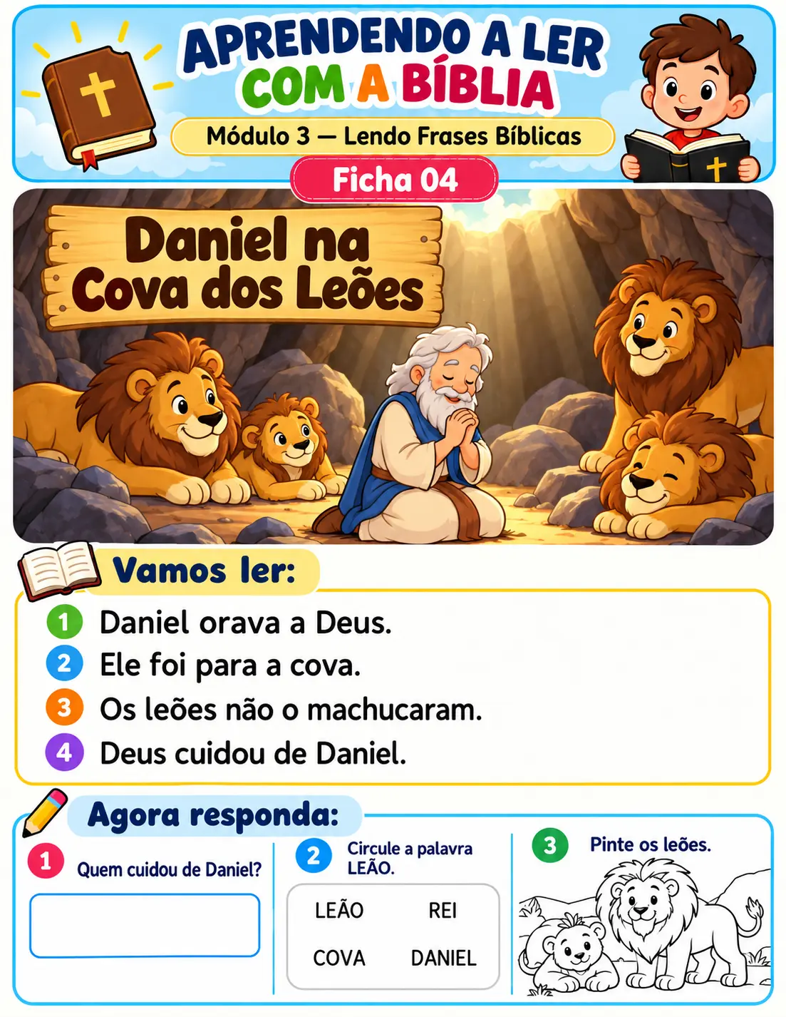 Ficha 04 — Daniel na Cova dos Leões: ilustração, frases para ler e atividades