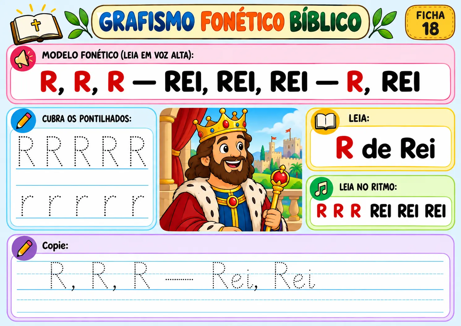 Grafismo fonético bíblico ficha 18 — letra R de Rei: traçar a letra e a palavra, com ilustração de um rei com cetro e coroa