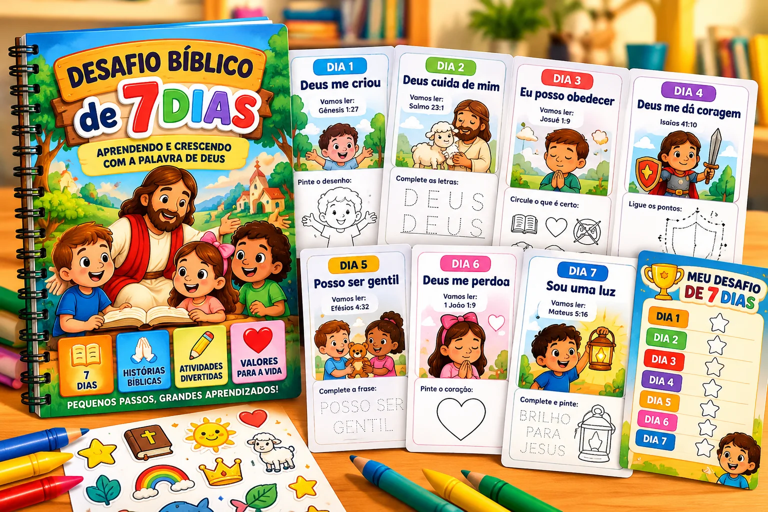 Mockup do Desafio Bíblico de 7 Dias: apostila espiral com Jesus e crianças, sete fichas diárias de atividades e quadro Meu Desafio de 7 Dias