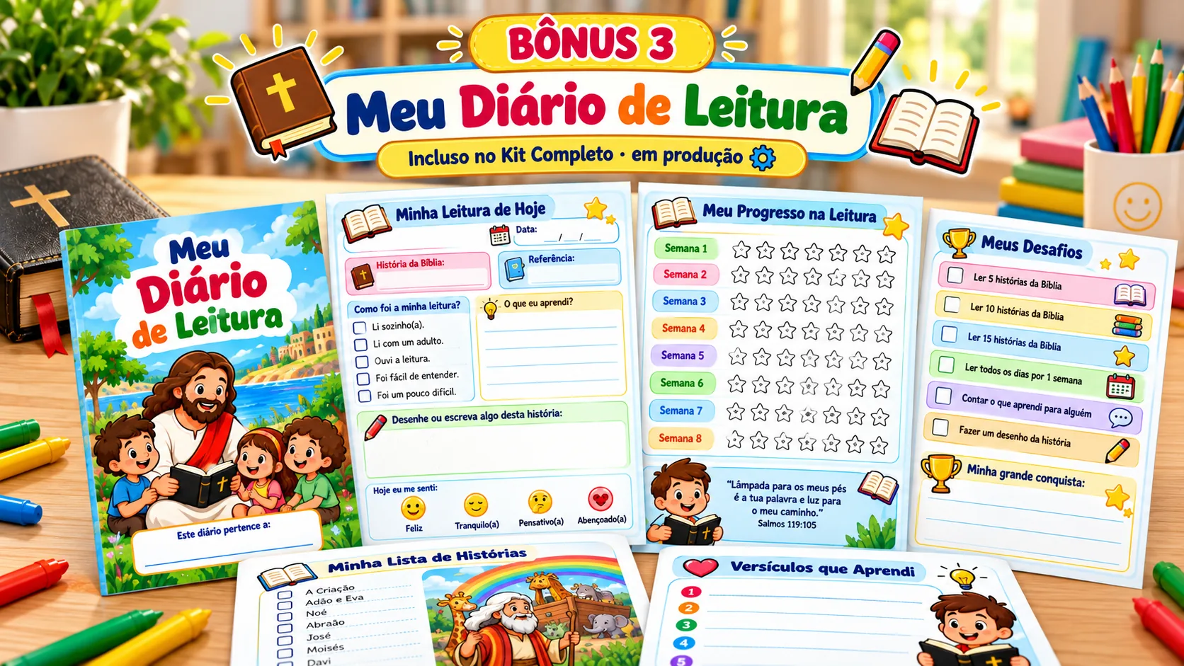 Mockup do Meu Diário de Leitura: caderno com capa ilustrada e páginas internas de registro