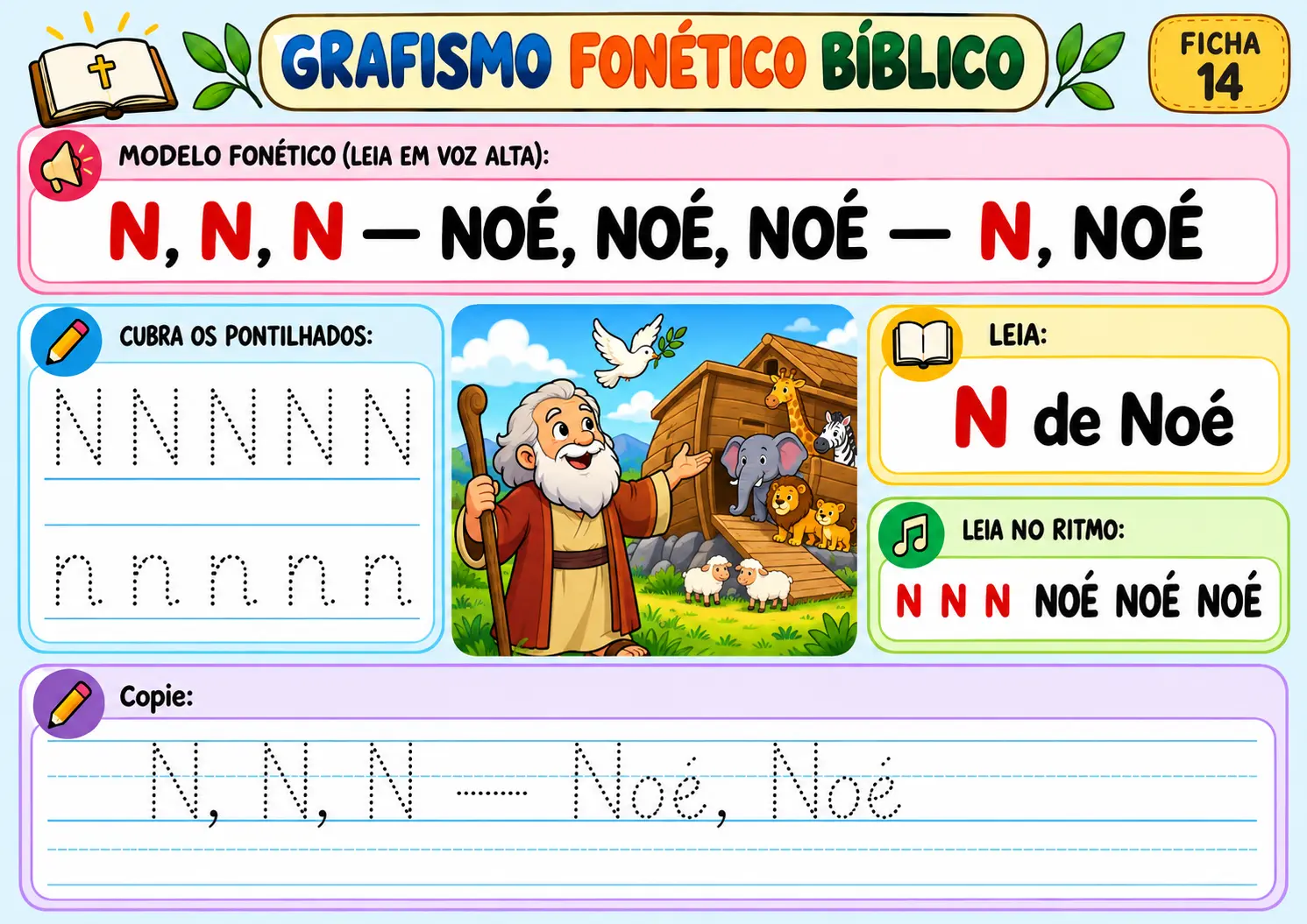 Grafismo fonético bíblico ficha 14 — letra N de Noé: traçar a letra e a palavra, com ilustração de Noé e a arca