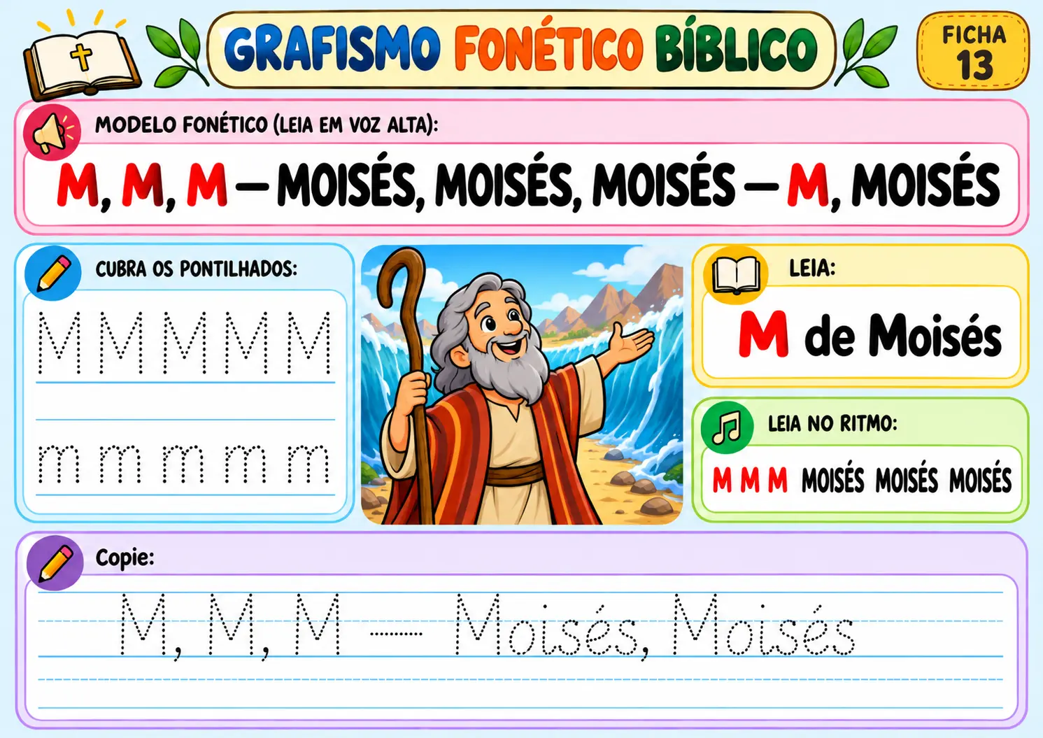 Grafismo fonético bíblico ficha 13 — letra M de Moisés: traçar a letra e a palavra, com ilustração de Moisés diante do mar aberto