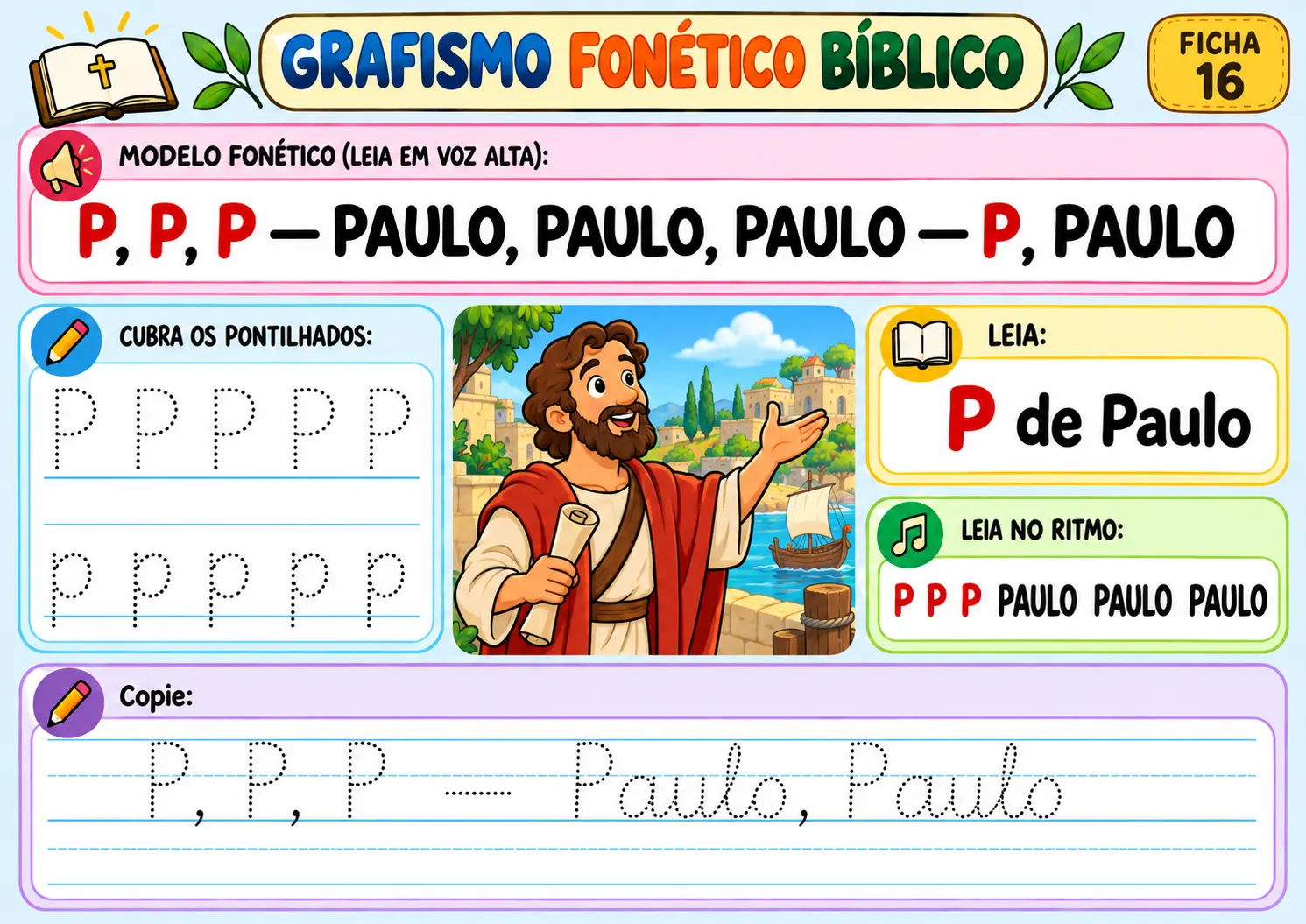 Grafismo fonético bíblico ficha 16 — letra P de Paulo: traçar a letra e a palavra, com ilustração de Paulo com um pergaminho