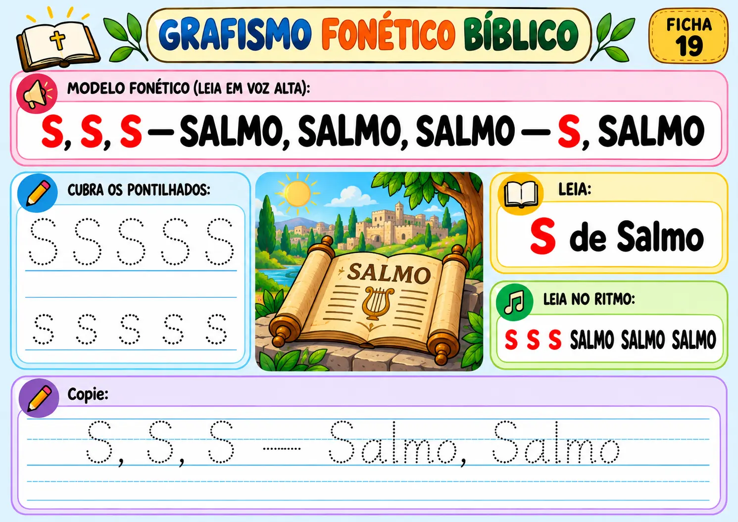 Grafismo fonético bíblico ficha 19 — letra S de Salmo: traçar a letra e a palavra, com ilustração de um pergaminho e uma harpa