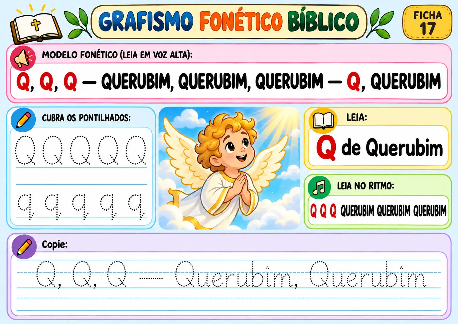 Grafismo fonético bíblico ficha 17 — letra Q de Querubim: traçar a letra e a palavra, com ilustração de um querubim