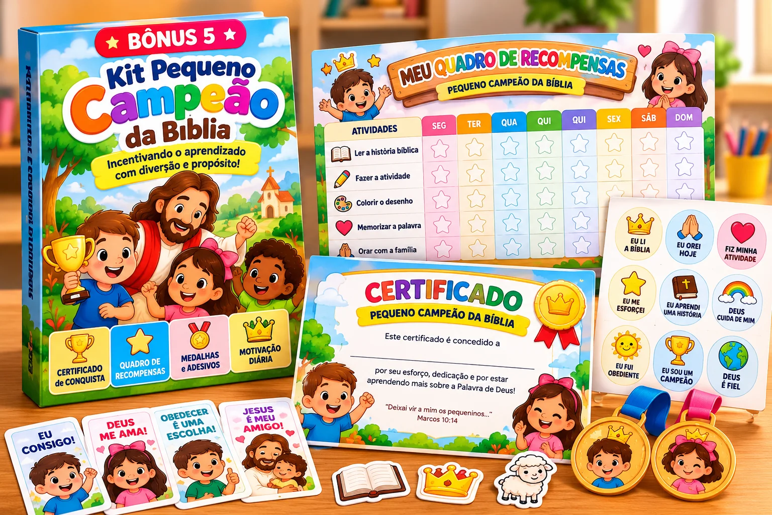 Mockup do Kit Pequeno Campeão da Bíblia: caixa do kit, quadro de recompensas semanal, certificado, medalhas e adesivos de motivação
