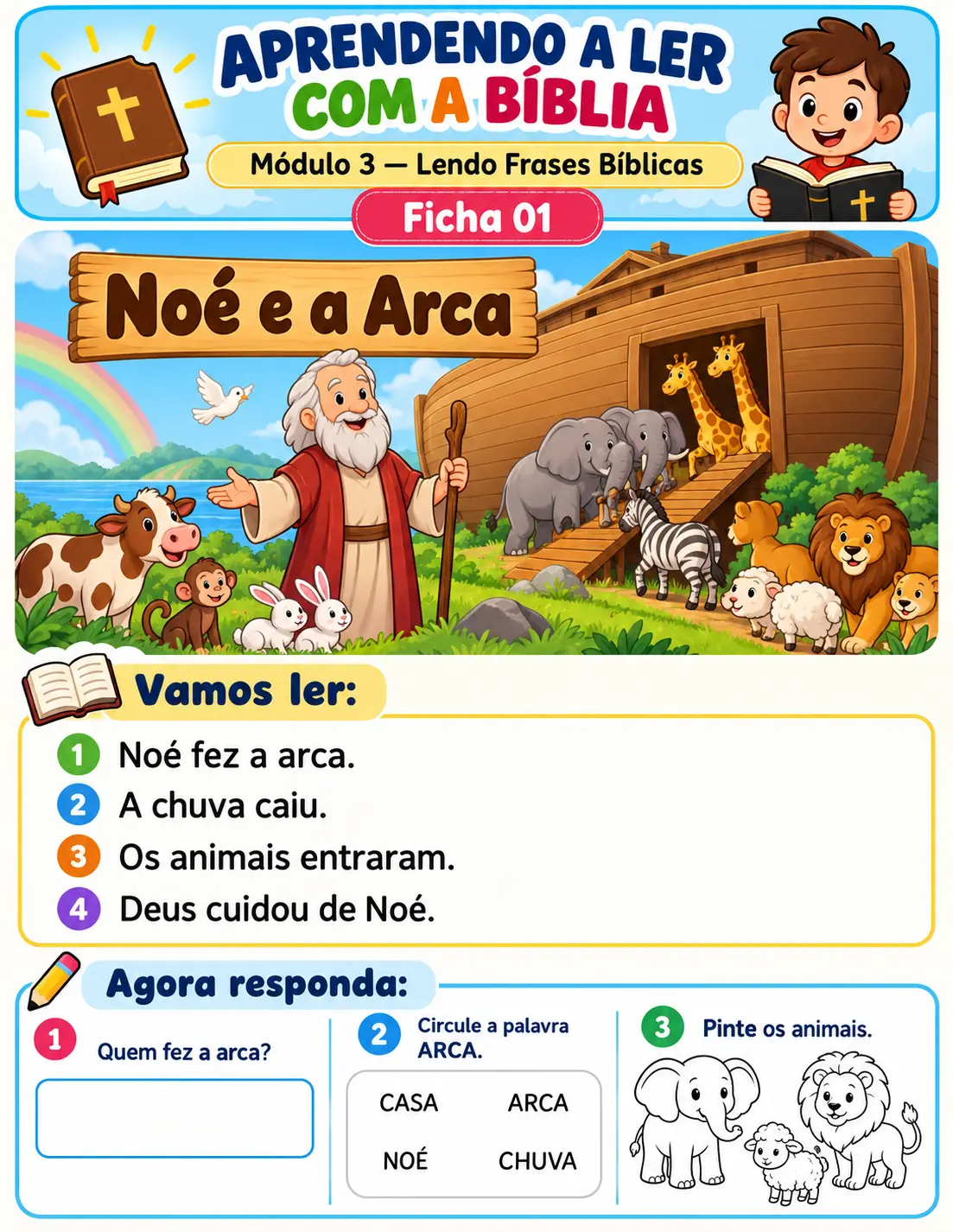 Ficha 01 — Noé e a Arca: ilustração, frases para ler e atividades