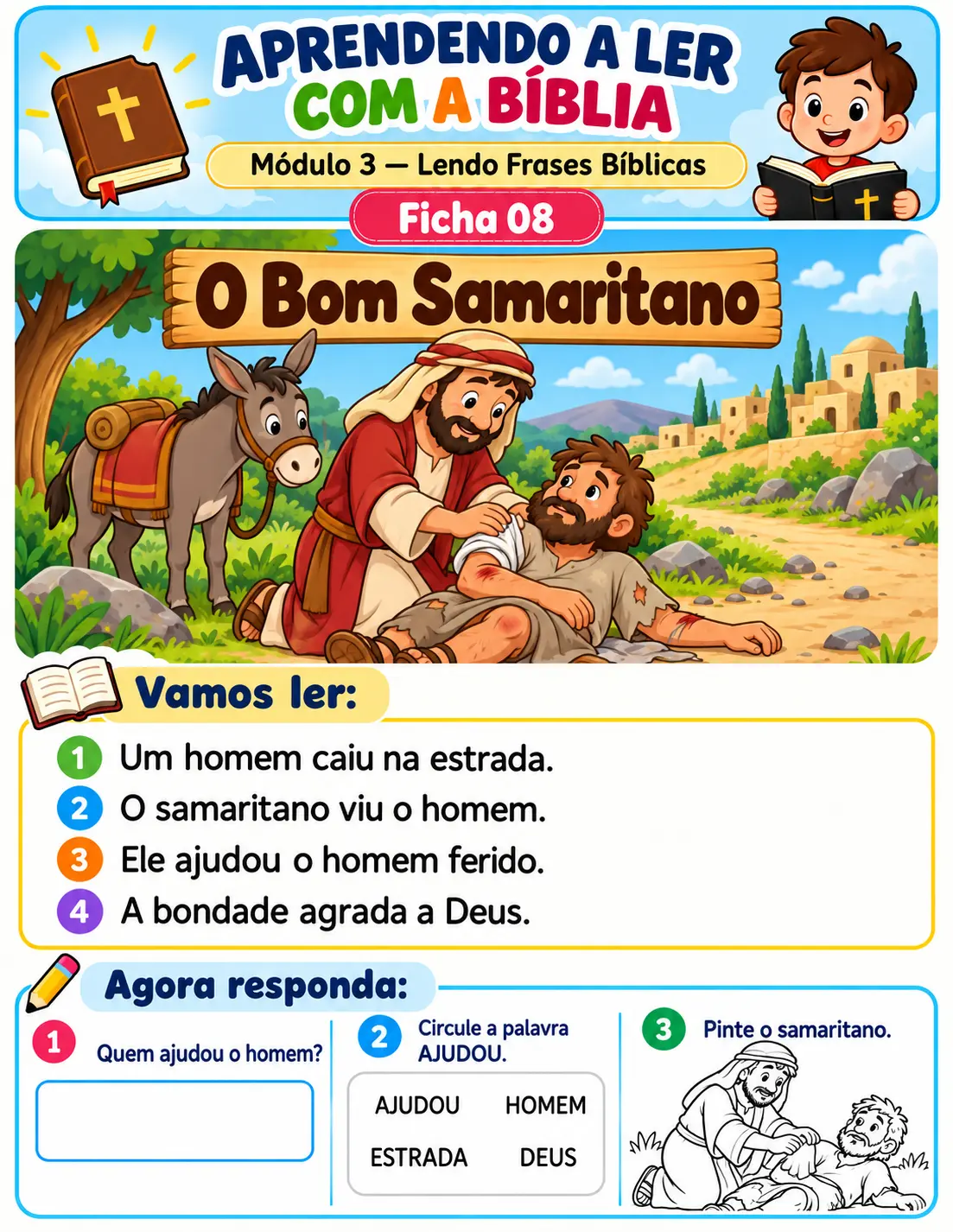 Ficha 08 — O Bom Samaritano: ilustração, frases para ler e atividades