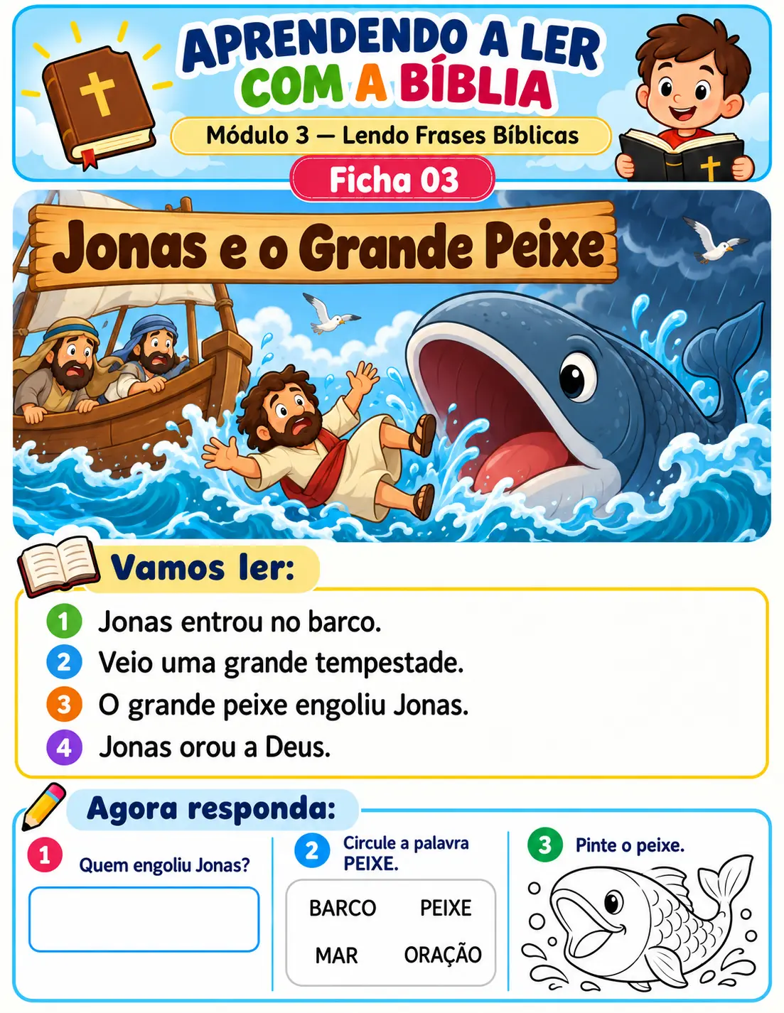 Ficha 03 — Jonas e o Grande Peixe: ilustração, frases para ler e atividades