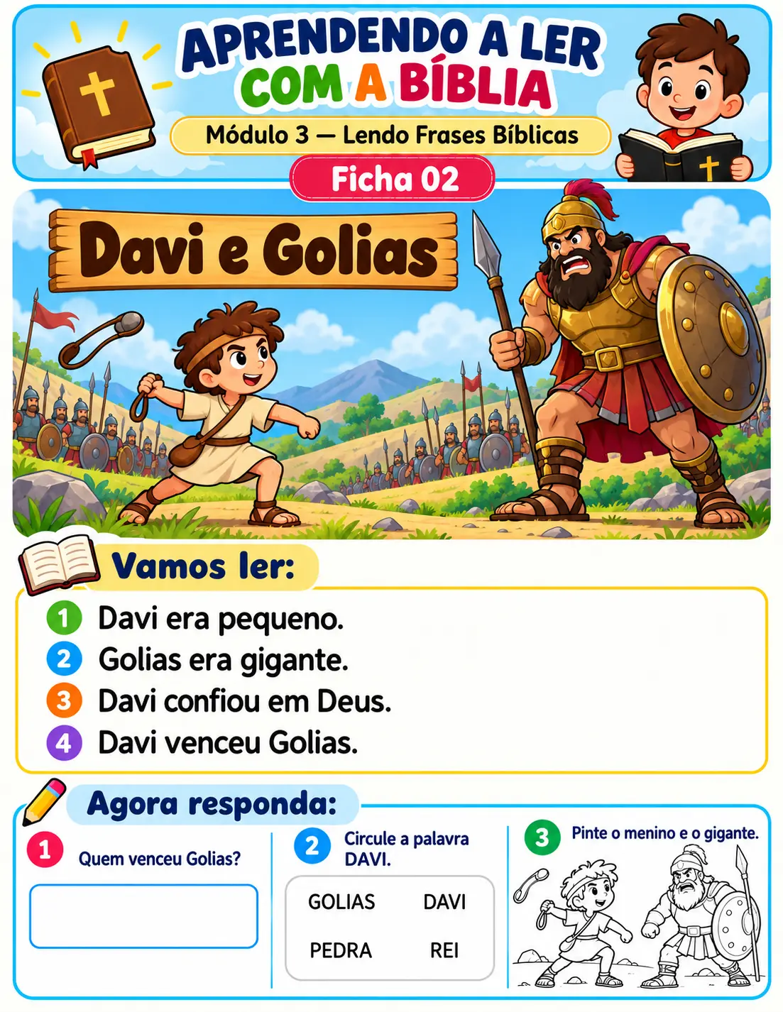 Ficha 02 — Davi e Golias: ilustração, frases para ler e atividades