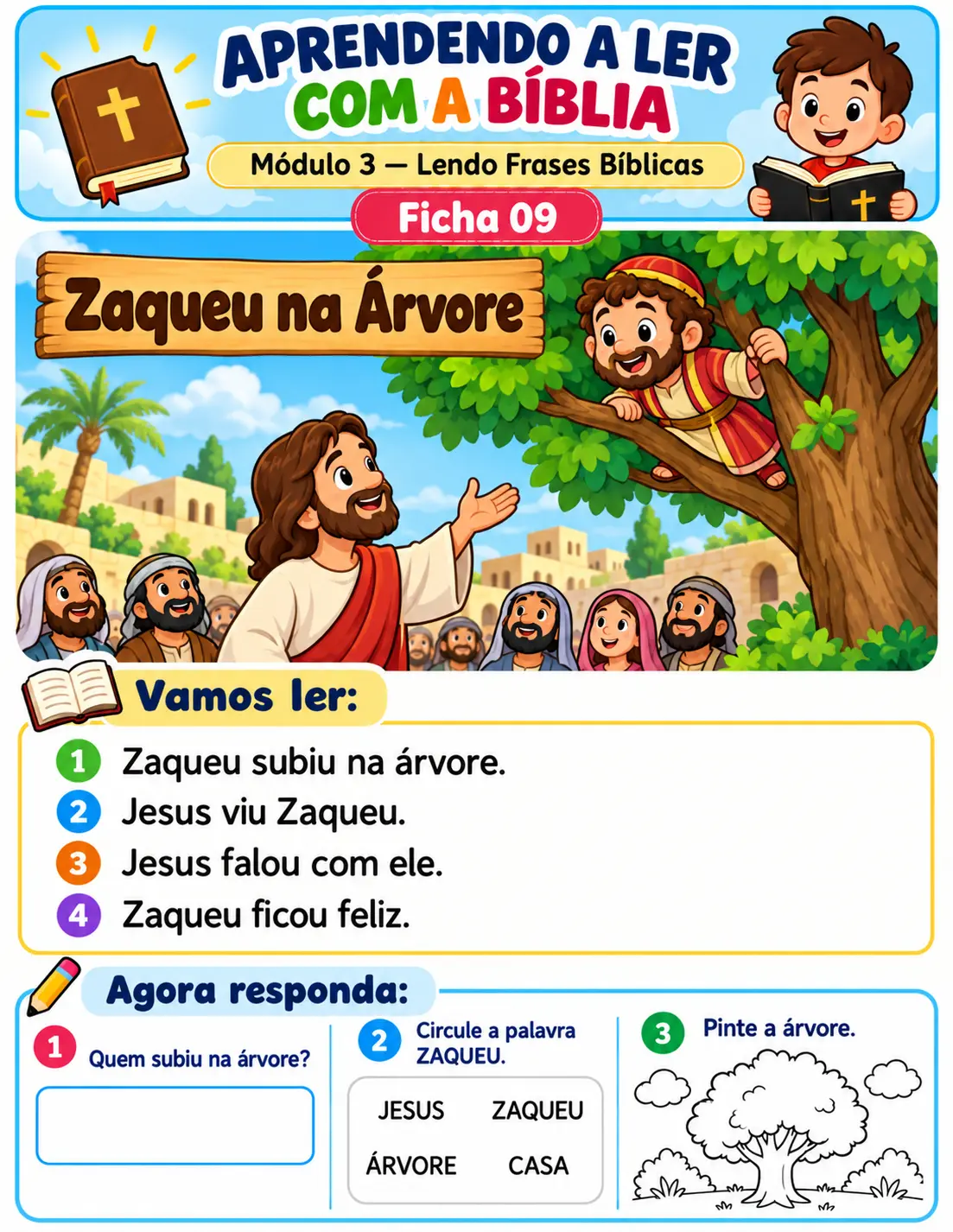 Ficha 09 — Zaqueu na Árvore: ilustração, frases para ler e atividades