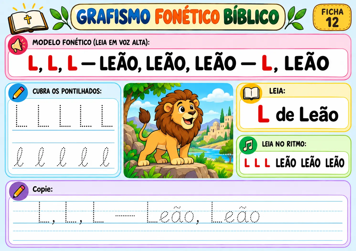 Grafismo fonético bíblico ficha 12 — letra L de Leão: traçar a letra e a palavra, com ilustração de um leão