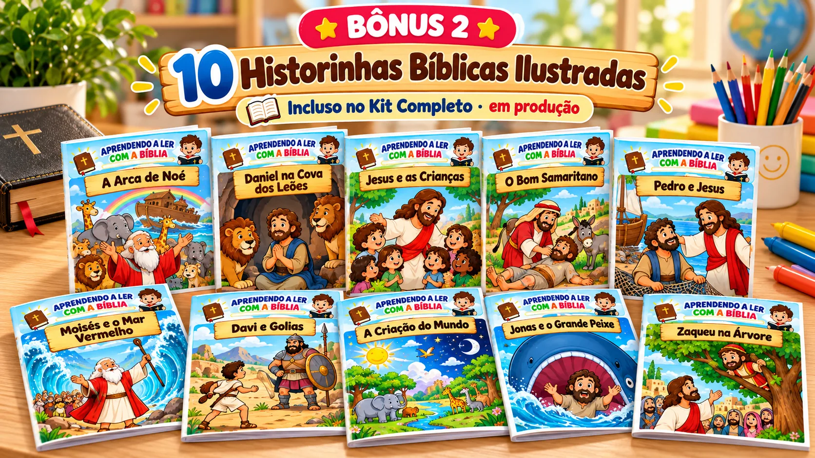Mockup das 10 historinhas bíblicas ilustradas: livretos enfileirados com capas coloridas