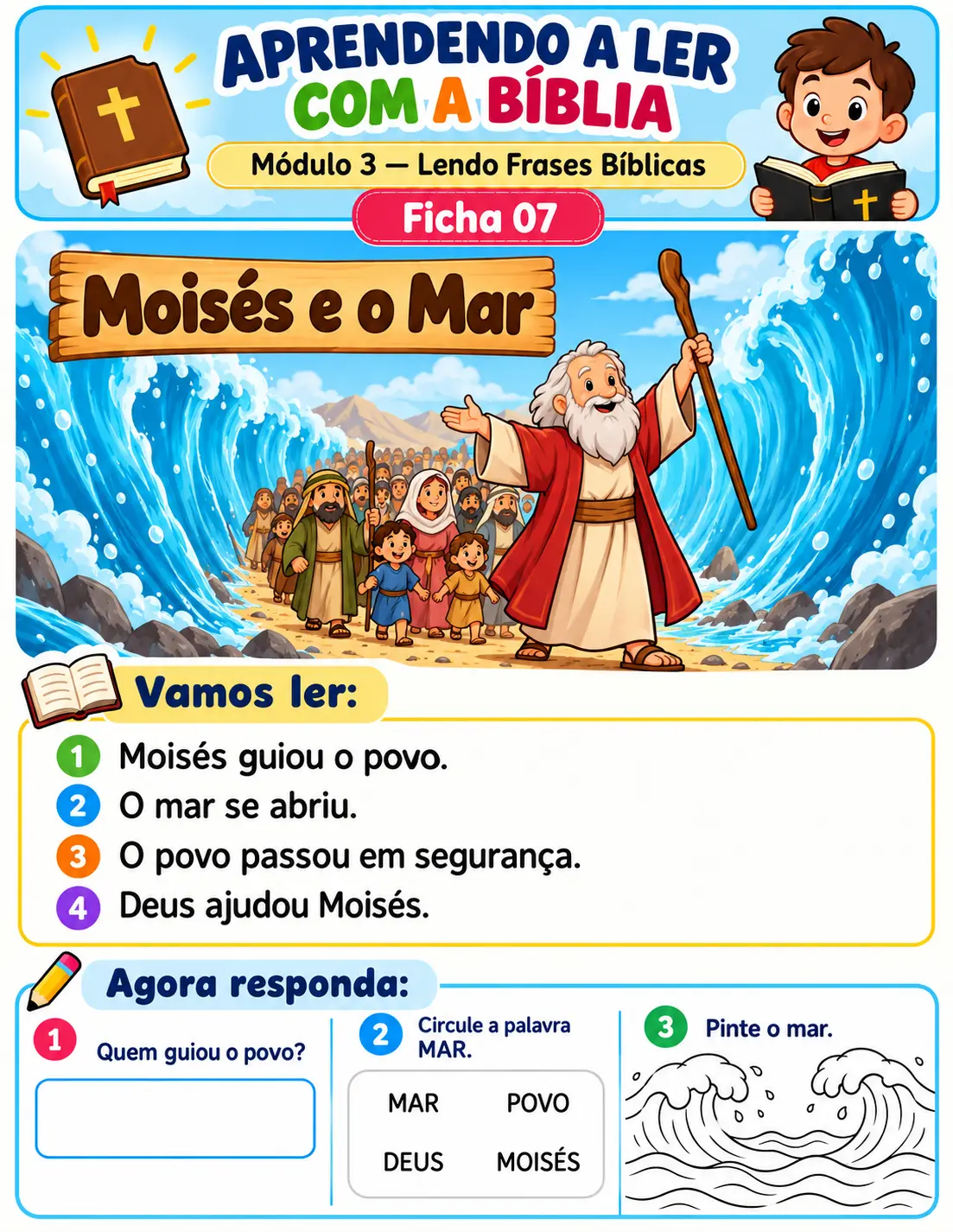 Ficha 07 — Moisés e o Mar: ilustração, frases para ler e atividades