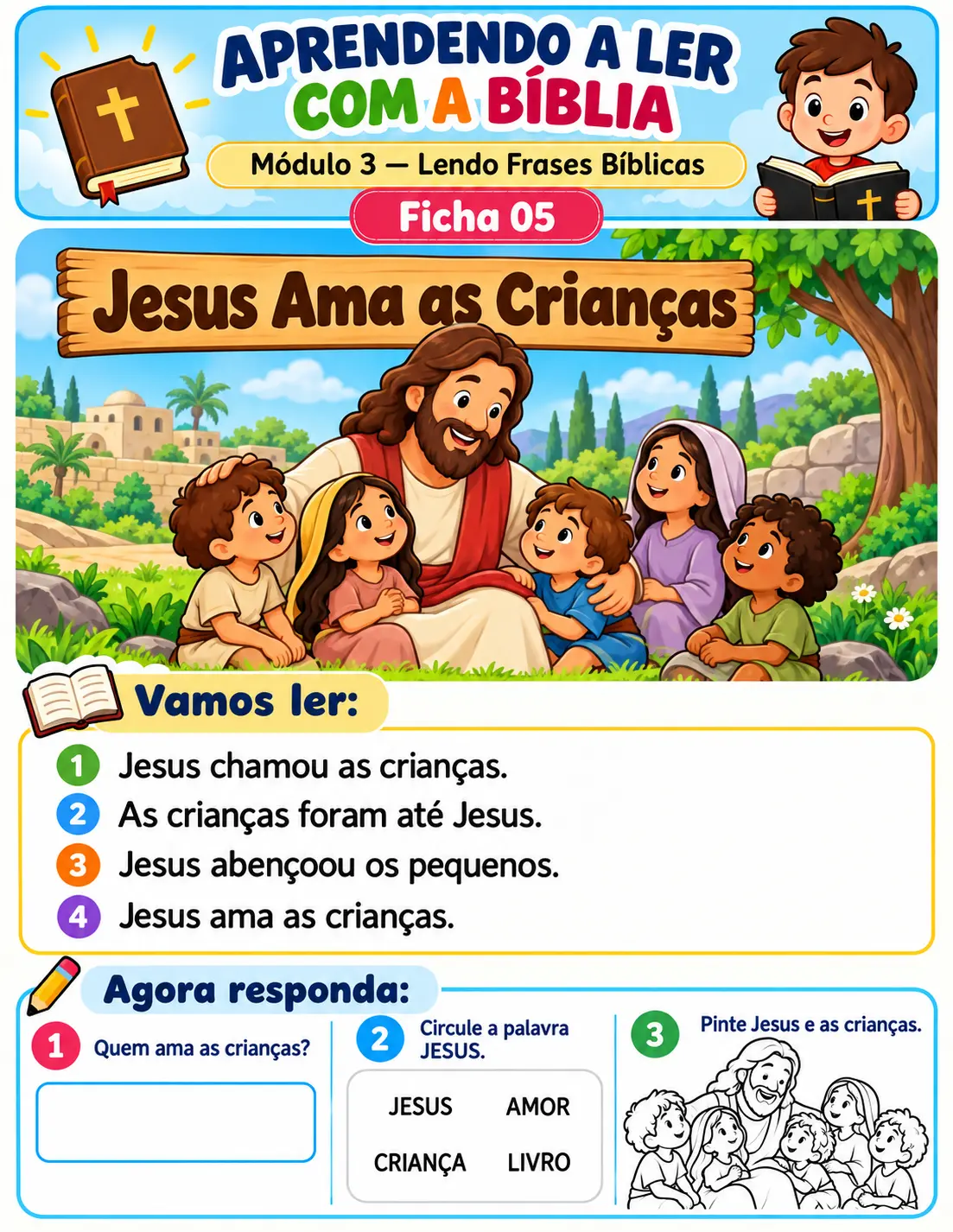 Ficha 05 — Jesus Ama as Crianças: ilustração, frases para ler e atividades